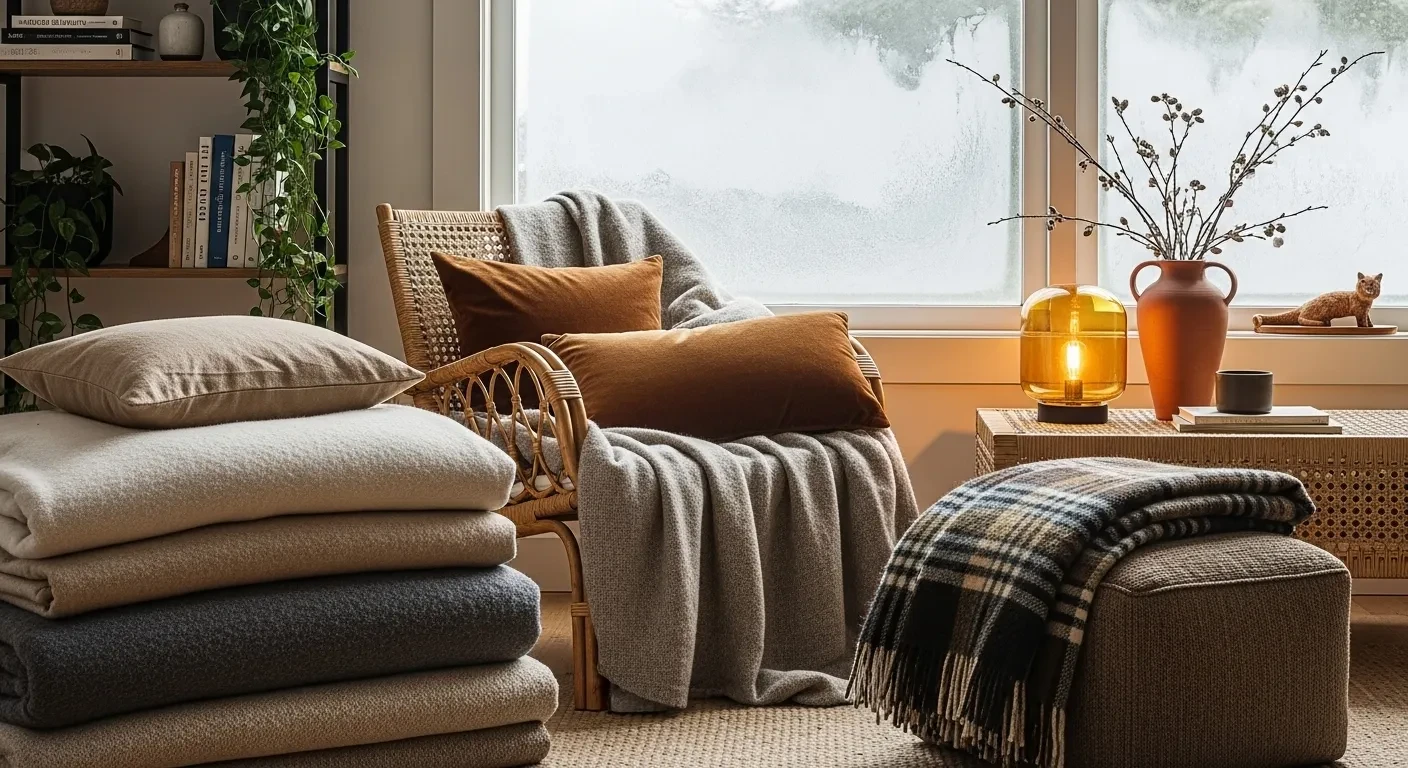 Coin salon cosy avec plaids et plantes en hiver
