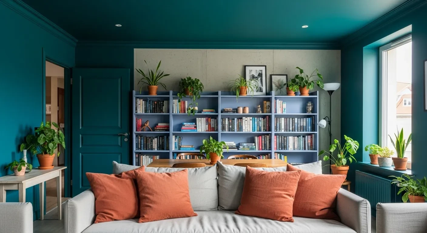 Salon moderne avec murs teal et coussins terracotta