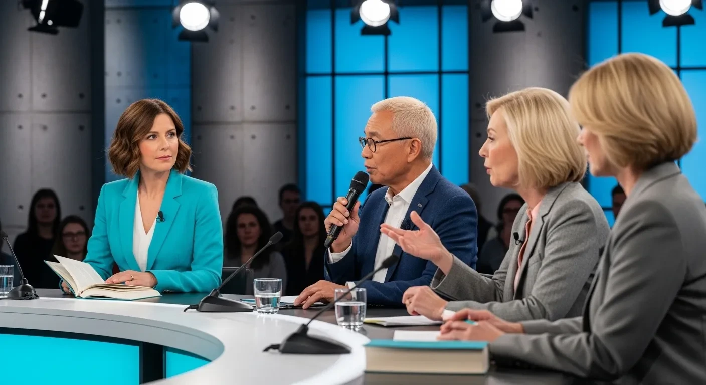 Débat animé entre experts dans un talk show moderne