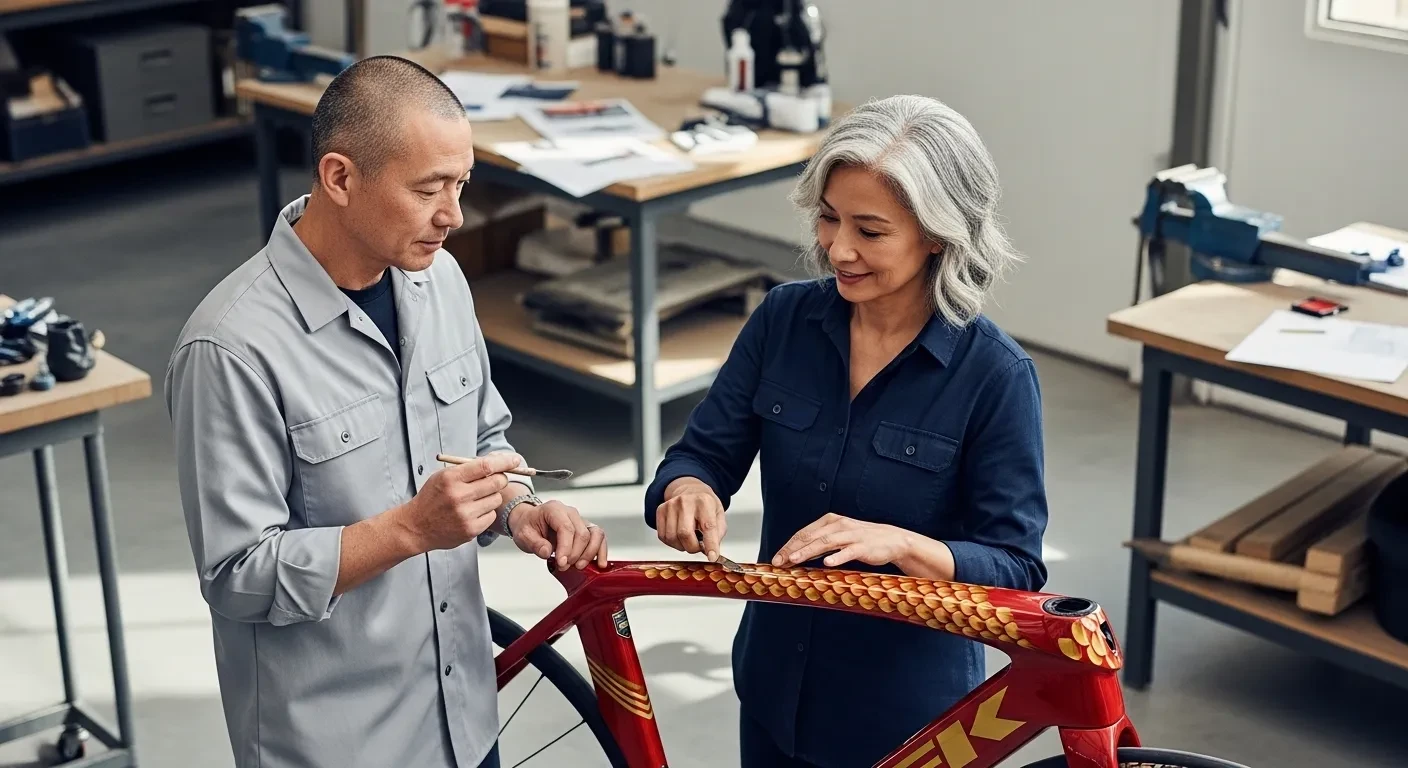 Experts examinant la peinture Serpentine sur un vélo Trek Madone