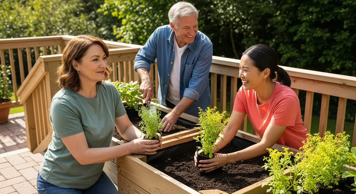 Famille plantant des herbes autour d'un composteur en bois